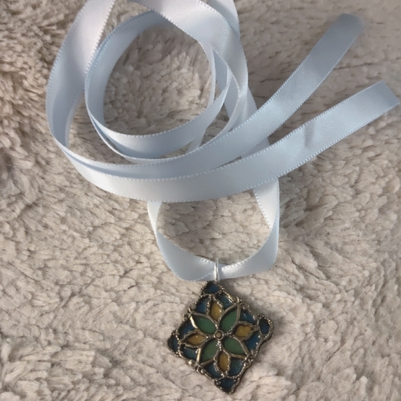 Handmade Ribbon Necklace with Vintage Stained Glass Style Pendant - Picture 1 of 4